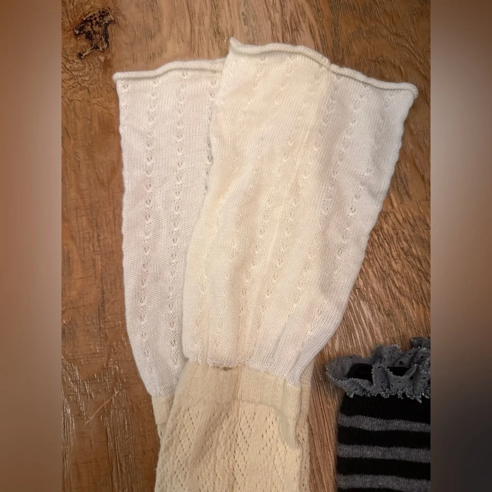 Black and Gray Striped Lace top & Cream Thigh high knit socks 2 pair academia